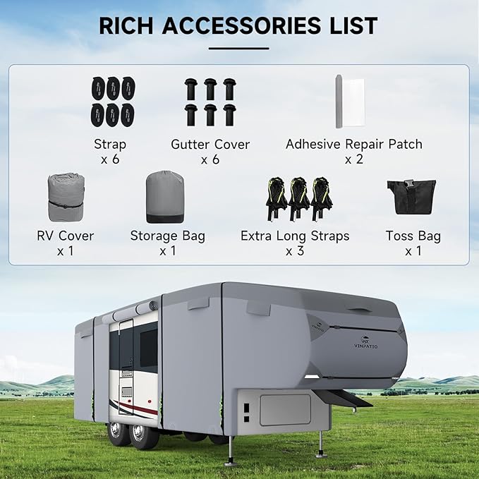 5th Wheel Cover: Heavy Duty Fifth Wheel Cover Fits 37'-40' RV, 7 Layers Waterproof Windproof 5th Wheel RV Cover Ripstop, with Gutter Cover & 3 Pcs Extra Straps