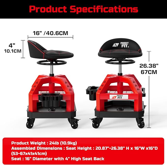 Rolling Shop Stool for Garage with Casters, DO02-Adjustable Height 360° Swivel Shop Seat with Tool Tray Storage, 330 LBS Capacity Padded Mechanic Stool, Magnetic Tool Hold, Heavy Duty, Red