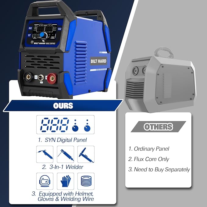 BILT HARD 135A 3-in-1 IGBT Inverter Welder, 110V Flux Core MIG/Lift TIG/Stick Welding Machine with Synergic Control, LED Display, 2T/4T/SPOT Modes & Full Kit (Solar Helmet, Gloves etc.)
