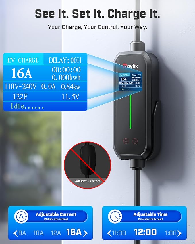2025 Upgraded Level 1&2 Tesla Mobile Charger, 8-16Amp Adjustable Current & Timer, 110V–240V, NEMA 5-15 & 6-20 Plug, 21ft Tesla Charging Cable, Mobile Connector for Tesla Model Y/3/X/S/Cybertruc