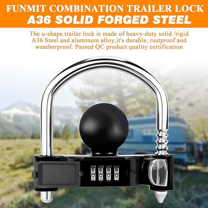 Funmit Trailer Lock Universal Hitch Lock with Combination Lock, fit 1-7/8", 2", 2-5/16" Coupler, Camper Accessories for Travel Trailers Boats Trucks Rvs Black