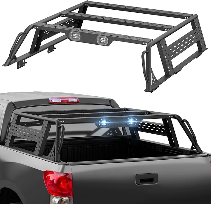 13.8" High Overland Bed Racks Truck Cargo Carrier Compatible with 2007-2013 Toyota Tundra with 2 LED Lights and Bed Rails, Full-Size Truck Rear Ladder Rack Back Cross Bars