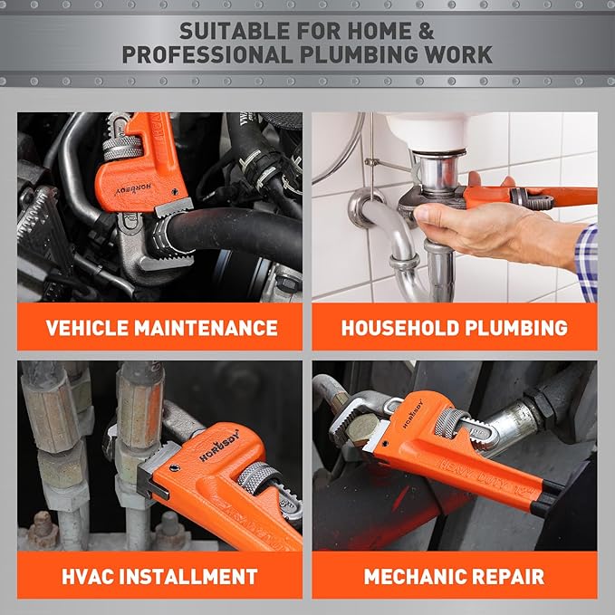 HORUSDY 8-Inch Heavy Duty Straight Pipe Wrench, Quick-Adjust Sturdy Plumbers Wrench with Soft Grip Handle, Straight Jaw Plumbing Tool for Pipe, Household Use, Vehicle Repair