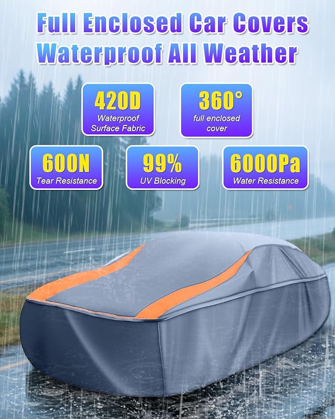 Full Enclosed Car Covers Universal Fit Dodge Challenger/Charger,Camaro,Camry,Accord,Altima,Lexus ES,Chrysler 300,Sonata,K5/Stinger,Malibu,Legacy,Passat Sedans/Coupes/Cabrio Lenghth 189"-200"
