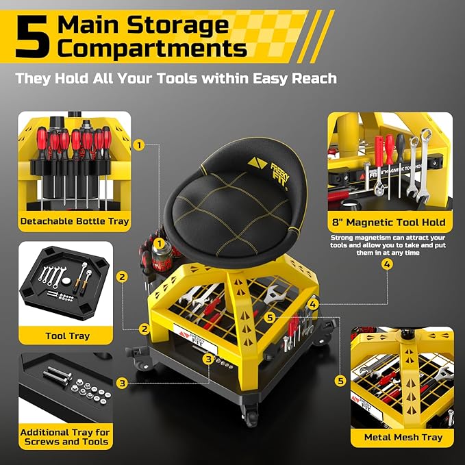 Rolling Shop Stool for Garage with Casters, DO02-Adjustable Height 360° Swivel Shop Seat with Tool Tray Storage, 330 LBS Capacity Padded Mechanic Stool, Magnetic Tool Hold, Heavy Duty,Yellow