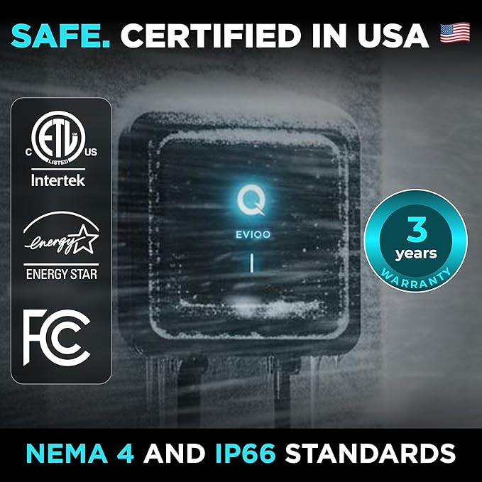 EVIQO Level 2 EV Charger NACS for Tesla – Hardwired, 240V, 25ft Cable EVSE –WiFi, App, UL Certified, 48 Amp EV Charger Level 2 for Home Indoor/Outdoor - Wall Electric Vehicle Charging Stations - Gen 2