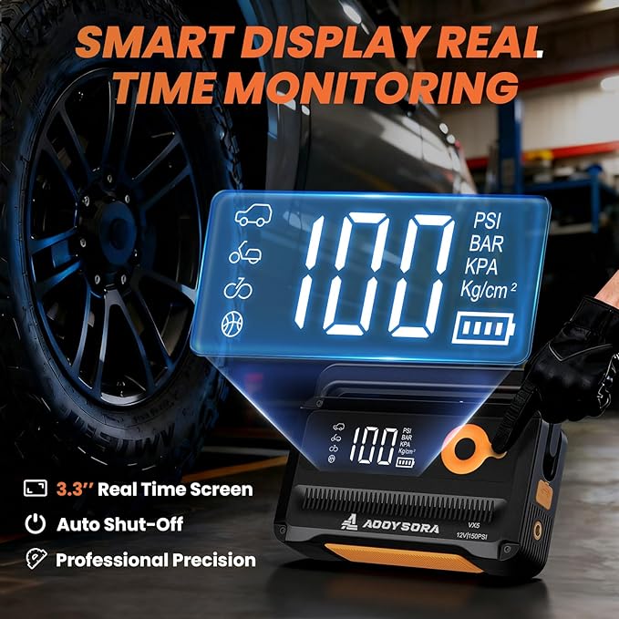 9-in-1 6000A Car Battery Jump Starter with Air Compressor 26800mAh, 150PSI 12V Portable Jump Box with Auto-Shutoff Tire Inflator, 3 Modes Flashlight and Jumper Cables(All Gas/12L Diesel)