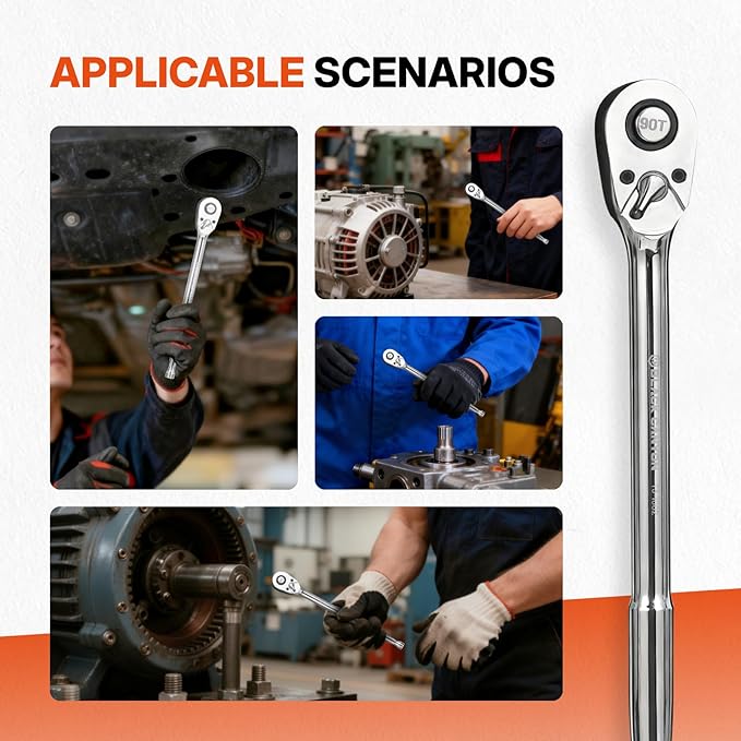 NORTHSKY 3/8 Inch Drive Ratchet, 90-Tooth Quick-release 3/8 ratchet, Reversible Ratchet Wrench with 4-Degree Swing, 8" Long Handle, Chrome Alloy Made, Full Polished,Ratchet Wrench for Repairing,Home