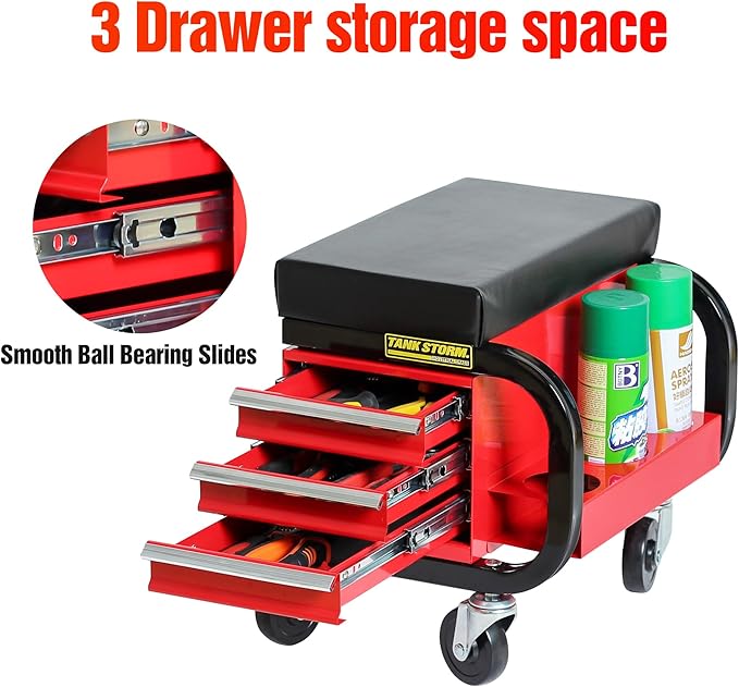 Tool Box Built-in Creeper Seat, Garage Shop Roller Seat, 3 Drawers Heavy Duty Tool Chest with 4 Rolling Casters-350 Lbs Capacity