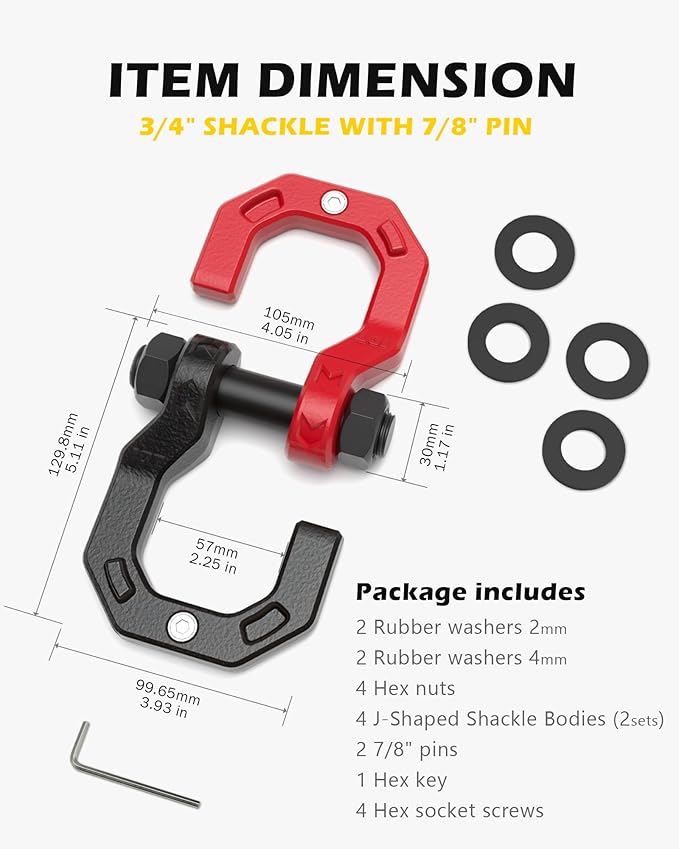 3/4" D-Ring Shackles, Heavy Duty Forged Steel Shackles with 7/8" Pin, Easy Open D-Ring Shackles Towing Winch Hooks for Recovery, Trucks, SUV, ATV, UTV, Off-Road Vehicles, Black Red