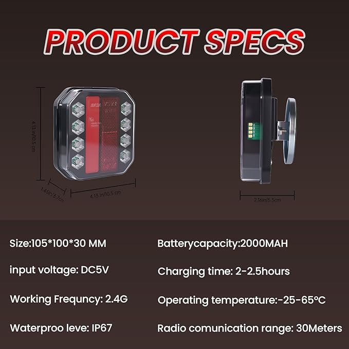 Magnetic Wireless Trailer Lights Kit, IP67 Waterproof Cordless LED Tow Lights w/ 2.4GHz Signal(100ft), 10H Battery - Easy Install for Truck, Trailer, RV, Boat, Camper