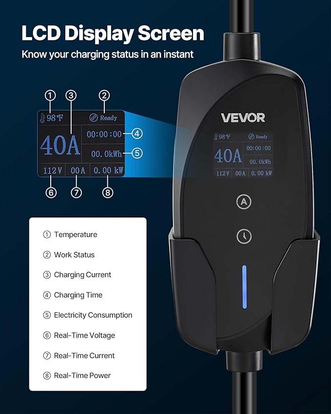 VEVOR Level 2 Tesla Charger, 40 Amp Adjustable Current, 240V Portable Home Electric Car EV Charger with 25 ft Charging Cable, NEMA 14-50P Plug, LCD Display, NACS Connector, for Tesla Model Y/X/3/S