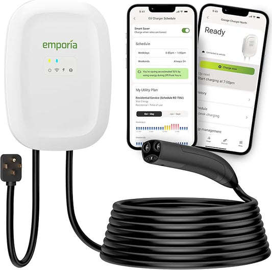EMPORIA Level 2 EV Charger - NEMA 14-50 EVSE w/NACS, Compatible with Tesla - 48 amp EV Charger Level 2, 240v Electric Vehicle Charging Station, UL/Energy Star, 25ft Cable, White