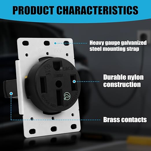 NEMA 14-50R Outlet 50 Amp EV Charging with Stainless Steel Wall Plate Receptacle 125/250V 3-Pole 4-Wire for Electric Vehicles Charging, RVs, Welders and Large Appliance