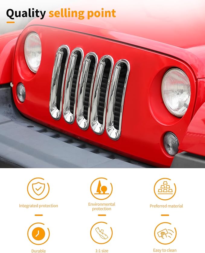 Hoolcar Grill Inserts Front Grille Mesh Cover Guard for Jeep Wrangler JK 2007-2017 Clip-on Grille Exterior Accessories, Chrome