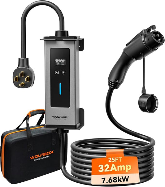 WOLFBOX Level 1&2 Electric car Charger 32Amp J1772,ETL Certified, 25ft Cable,208-240V,Portable ev Charger Station with NEMA 14-50R Plug Adapter(PE32)