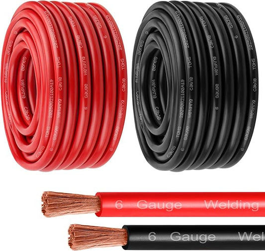 6 Gauge Battery Cable - 50FT Red + 50FT Black 6 AWG Welding Cable Flexible Stranded Oxygen-Free Pure Copper Wire for Automotive, Battery, Inverter, Solar, Marine and Generator