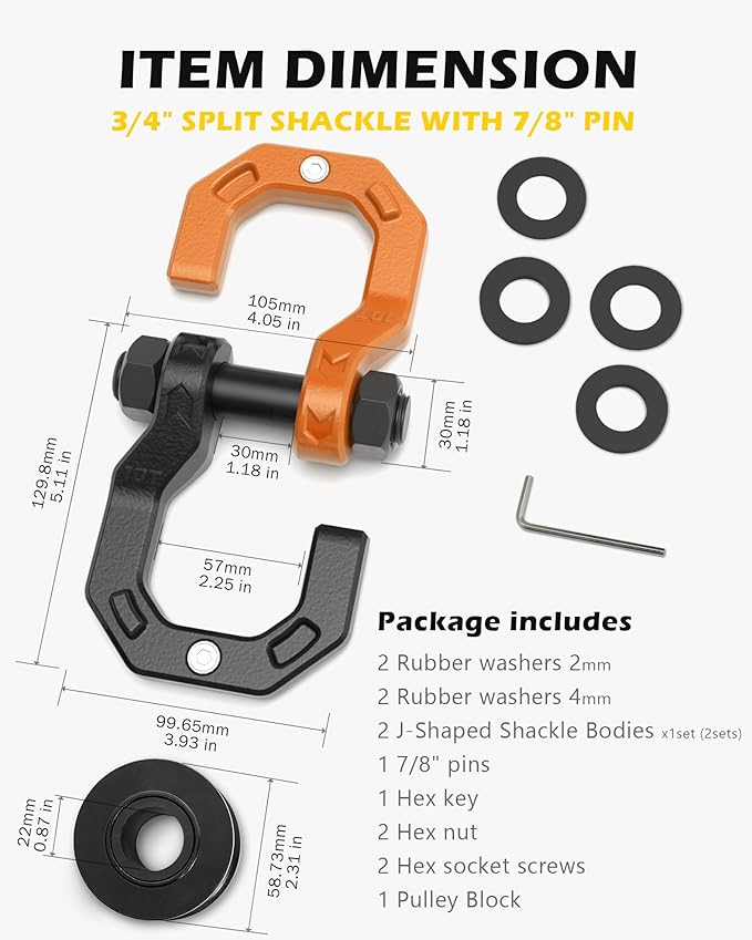 Separate D-Ring Shackle with Pulley Block, Towing Winch Snatch Block & 3/4" Separate D-Ring Shackle 2in1 Set, 57320lbs(26T) Breaking Strength, for Recovery, BlackOrange