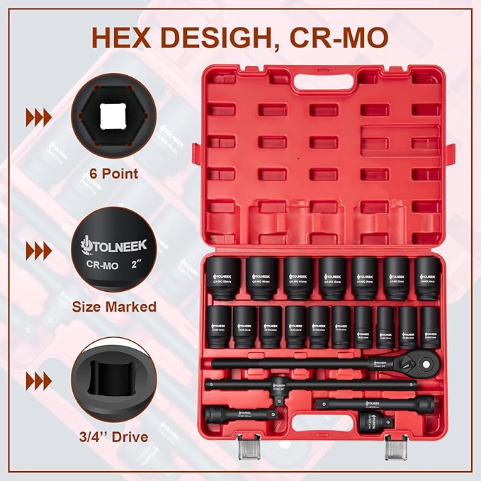 3/4" Impact Socket Set, 22PCS 6-Point Metric Sizes (19mm-50mm), Cr-Mo Steel Set with Adapters, Quick Release Ratchet Wrench, Andextension Rod & Durable Storage Case