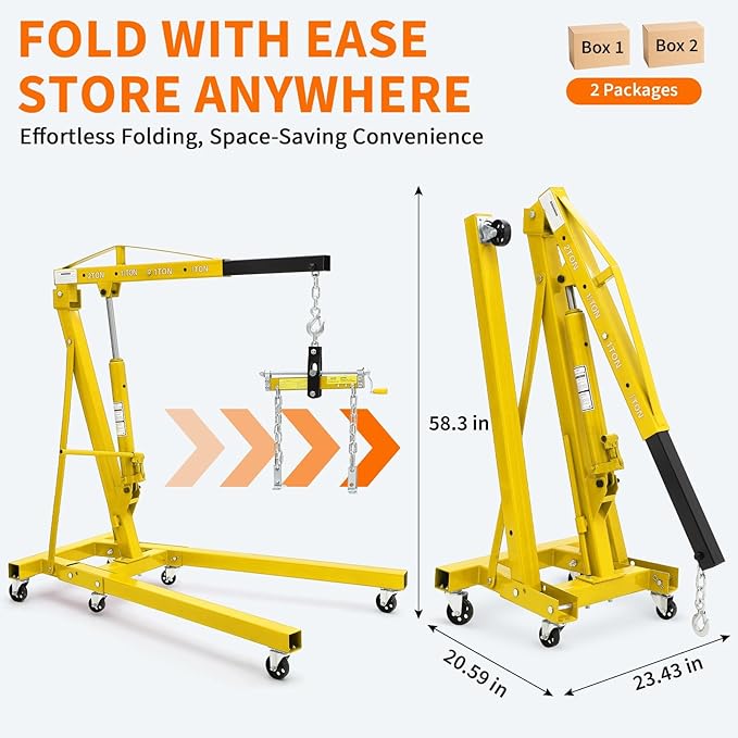 2 Ton Folding Hydraulic Engine Hoist with Load Leveler 4400 LBS Capacity Heavy Duty Cherry Picker 6 Swivel Wheels&Hydraulic Pump Adjustable Boom (0.5T-2T) for Garage Workshop Warehouse Yellow