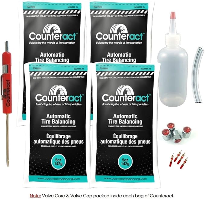 Counteract DIYK-5 Do It Yourself Tire/Wheel Balancing Beads Kit - Off -Road, Light Duty Truck Tires, (4) 5oz DIY Bead Bags, (4) Valve Caps and Cores, (1) Core Remover, Injector Bottle