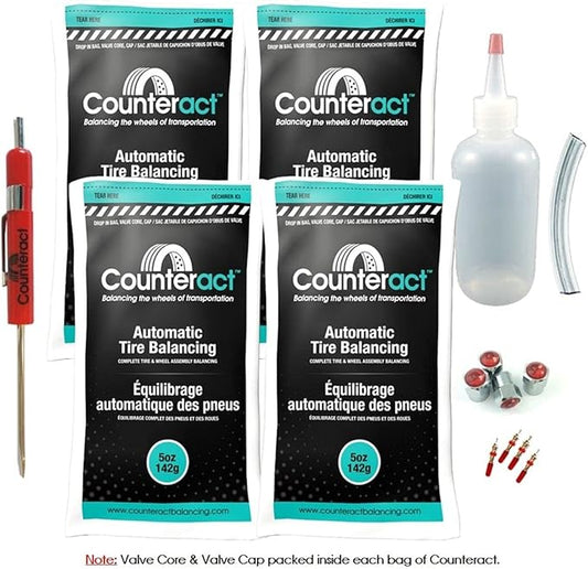 Counteract DIYK-5 Do It Yourself Tire/Wheel Balancing Beads Kit - Off -Road, Light Duty Truck Tires, (4) 5oz DIY Bead Bags, (4) Valve Caps and Cores, (1) Core Remover, Injector Bottle