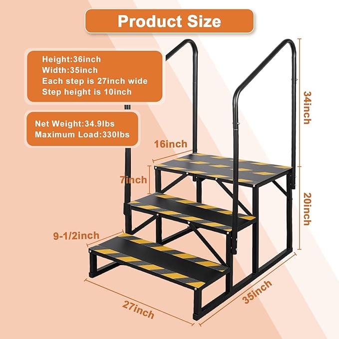 3 Step RV Stairs, Hot Tub Steps, Outdoor Spa Step Ladder with Double Handrail,Portable Economy 5th Wheel Stair for Travel Trailer, Motor Home, Camper and Porch with Non-Skid Tapes