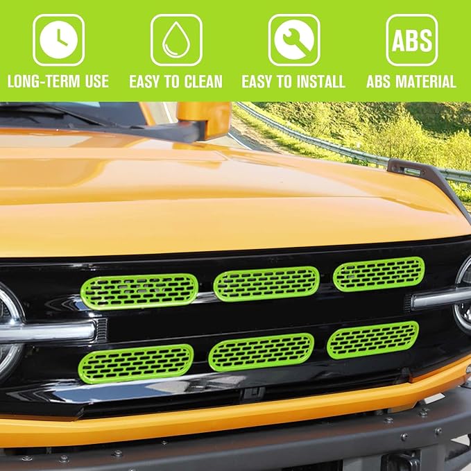 Jimen Compatible with Ford Bronco 2021-2023, 6PCS Front Grille Inserts Mesh Grill Cover Exterior Trim Accessories (Green)