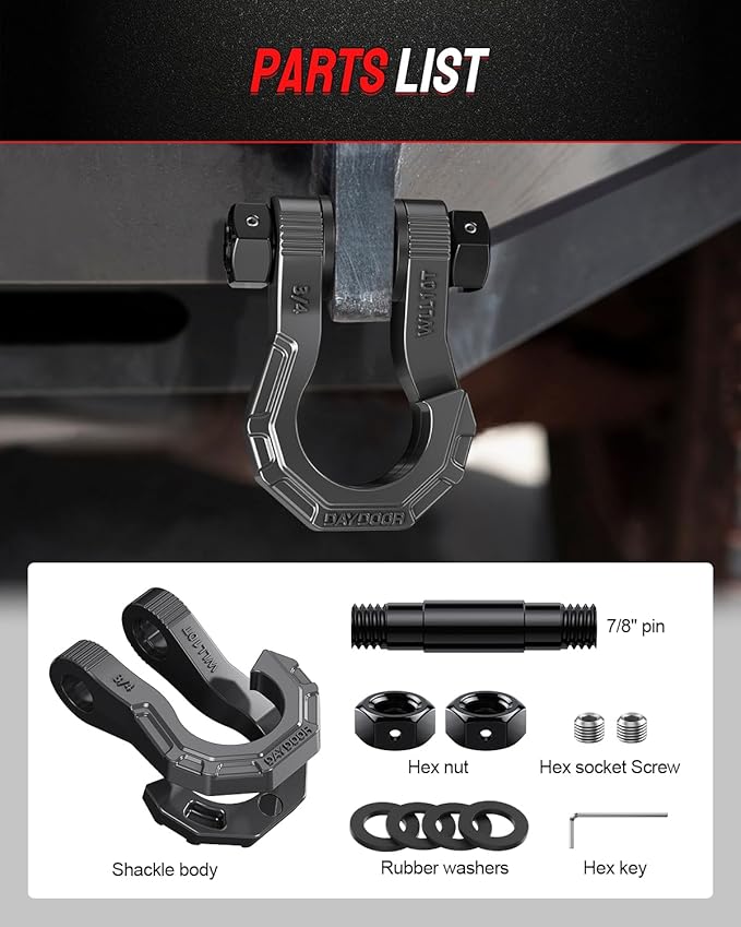 DAYDOOR 3/4" D Ring Shackles, Heavy Duty D Ring Shackles with 7/8 Pin, 45,000 lbs Break Strength Easy Open Towing Shackle for Off-Road Recovery, Winch, Trucks, Jeep, SUV & ATV (2 Pack)(Gray)