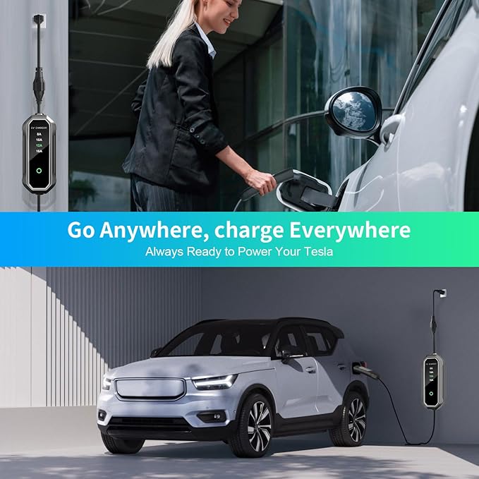 Level 2 EV Charger 16 Amp 25ft Cable 240V NEMA 6-20 Plug, 120V NEMA 5-15 Adapter, Mobile Portable Electric Vehicle Charger Plug-in Home EV Charging Station for SAE J1772 Evs Adjustable Current