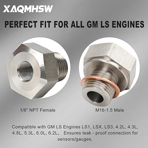 Oil Pressure Sensor Adapter M16-1.5 to 1/8" NPT, 304 Stainless Steel LS Oil Pressure Adapter for GM LS Series Engines LS1 LSX LS3 5.3L 6.0L 6.2L, LS Swap Oil Pressure Sensor Fitting