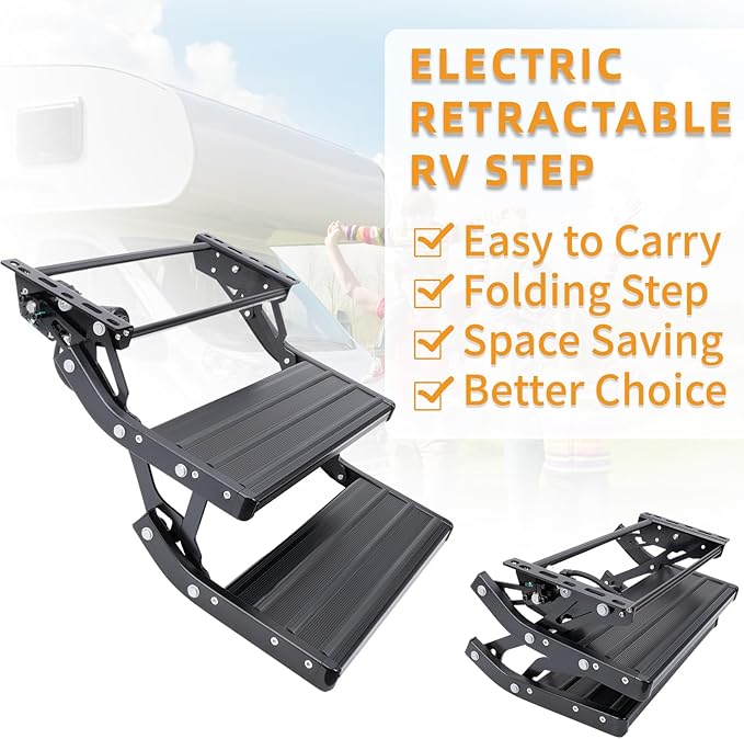 Electric RV Steps with LED Light, 2-Steps, 400 LBS Load Capacity, Foldable Aluminum Alloy Camper Steps, Thickened Steel Plate Trailer Steps, Non-Slip Design, Ideal for RV, Trailer, Camper, Black