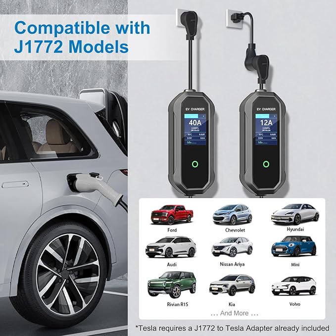 40 Amp Level 2 / Level 1 Portable EV Charger Station for SAE J1772 EV Cars (240 Volt, 23ft Cable), FCC and UL Certified, with NEMA 14-50 plug and 5-15 to 6-20 plug options and J1772 to Tesla adapter