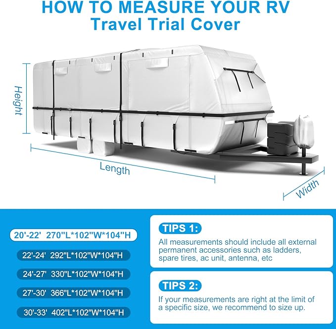 Mofeez Oxford Fabric Travel Trailer RV Cover, Camper Cover with 420D Oxford for The Top, 20'-22' Tearproof Waterproof Windproof Travel Trailer Cover with 4 Tire Covers, Jack Cover and Zippered Doors
