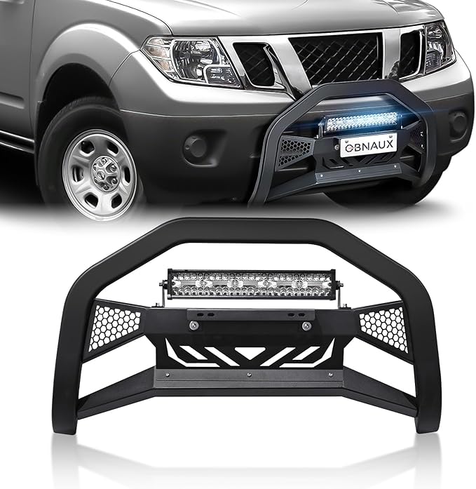 Bull Bar with Light Bar & License Plate Frame Compatible for 2005-2021 Nissan Frontier Front Guard Grille, Truck Brush Guard,Bumper Push Bar (Include Skid Plate & Light Mount, Black)