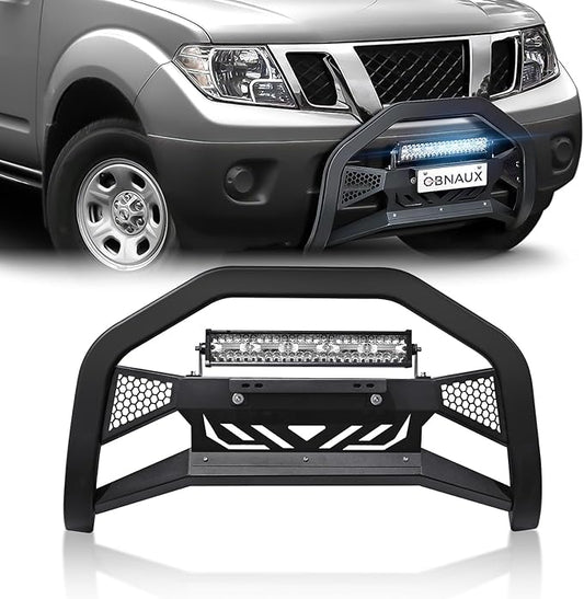 Bull Bar with Light Bar & License Plate Frame Compatible for 2005-2021 Nissan Frontier Front Guard Grille, Truck Brush Guard,Bumper Push Bar (Include Skid Plate & Light Mount, Black)