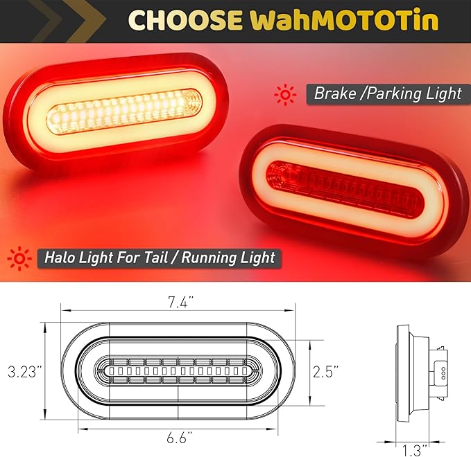 2Pcs 6" inch Clear Lens Oval Red 52 LEDs Trailer Boat Halo Brake Stop Running Turn Signal Tail Lights【Patented】 w/Rubber Grommet, Sealed Submersible IP67 for Truck/RV/Van, DC 12V