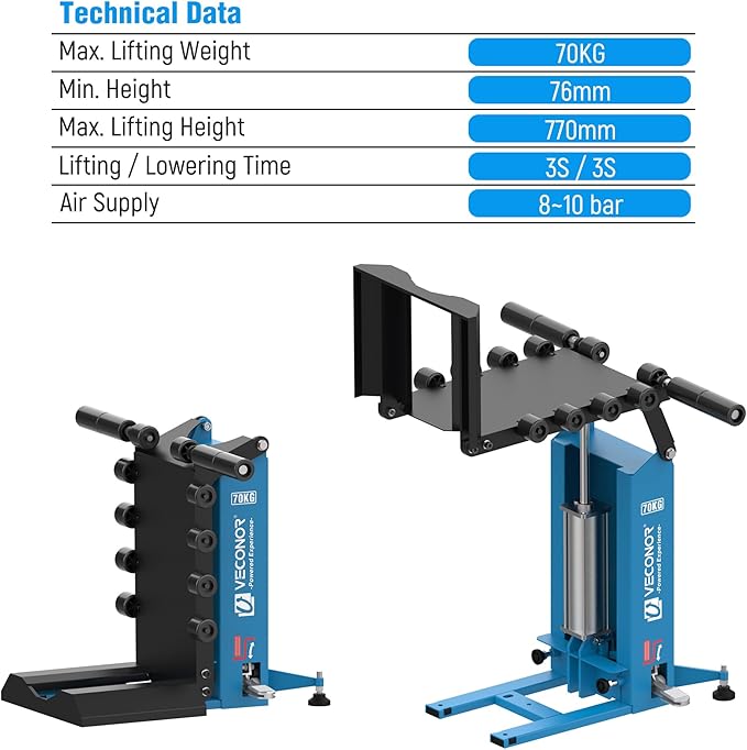 VECONOR Pneumatic Tire Lifter, for Tire Changer, Air-Powered Tire Lifting Machine, Wheel Lifter, with Rollers for Moving Tires onto Tire Changer, 90-Degree Flip Panel