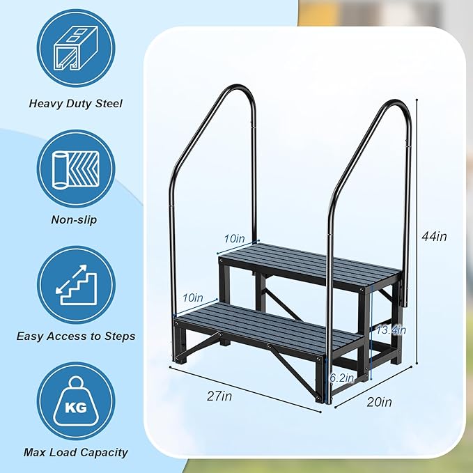 Rv Steps with Handrail 2 Step, Hot Tub Steps with Anti-Slip Mats, Heavy Duty Metal Mobile Home Stairs, Camper Steps for Travel Trailer,Portable Step Ladder for Spa, Pool and Porch