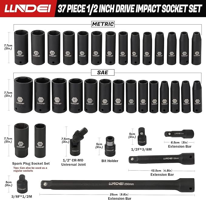 LLNDEI 1/2 inch Drive Deep Impact Socket Set, 37 Piece Standard SAE 3/8" to 1-1/4" | Metric 8 to 24mm, Includes Spark Plug Socket (16, 21mm), CR-MO Universal Joint, Extension Bars and Adapter
