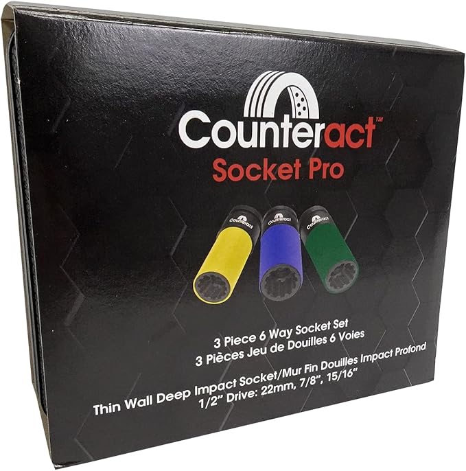 Counteract Socket Pro – 6 Way Socket 3pc Set - 22mm, 7/8", 15/16"mm - 1/2" Drive