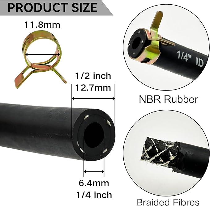 1/4" ID Fuel Hose Line Braided NBR Rubber Tubing 8 Feet for Automotives Generator Lawn Mower with 10 Clamps (6.4mm ID)