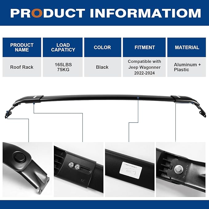 Roof Rack Cross Bars 220lbs Compatible with Jeep Wagoneer & Grand Wagoneer & Wagoneer L & Grand Wagoneer L 2022-2025, Heavy Duty All-Metal Aluminum Roof Rails Crossbars Cargo Canoe Black