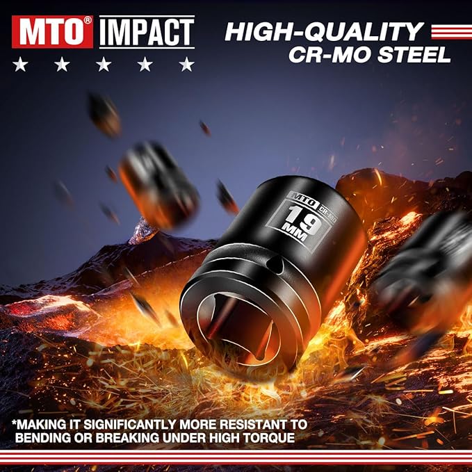 MTO 1/2" Drive 19mm Shallow Impact Socket, 6-Point Metric Socket, CR-MO Steel & Anti-Corrosion Coating for Tight Spaces and Heavy-Duty Tasks
