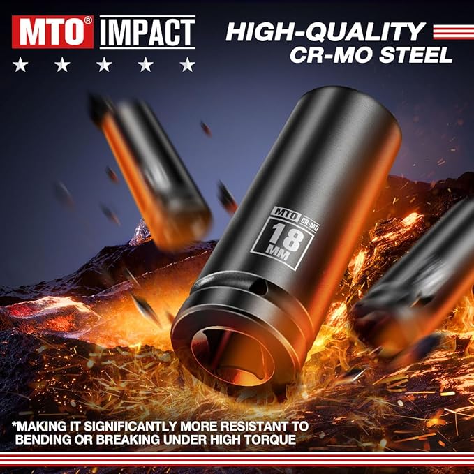 MTO 1/2" Drive 18mm Deep Impact Socket, 6 Pt. Metric Socket, CR-MO Steel & Anti-Corrosion Coating for Heavy-Duty Use