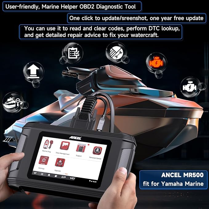 ANCEL MR500 Marine Diagnostic Tool for Yamaha (2003–2024) – Jet Ski & Outboard Engine Scanner, 15+ Service Functions, Read/Clear Codes, Live Data, Active Tests