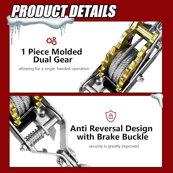Come Along Winch 2 Ton Pulling Capacity with Two 1"x8FT Lifting Sling 2 Hooks Heavy Duty Power Cable Come Along Tool with Dual Gears Automotive Hoist Winch Puller