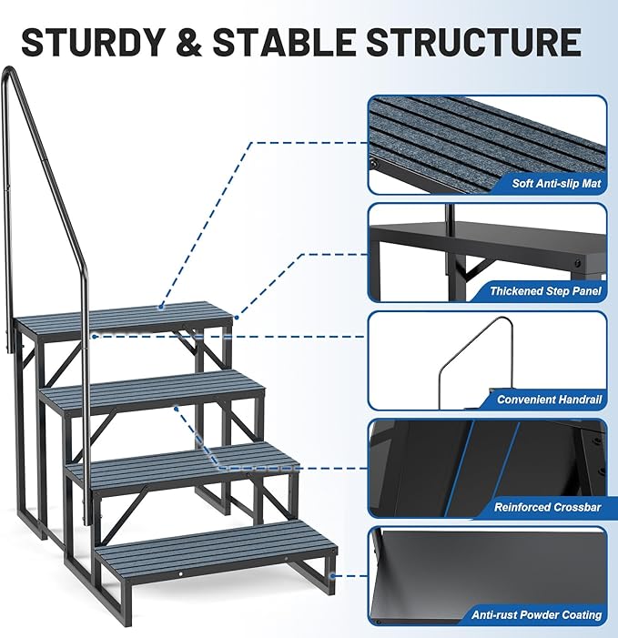RV Steps Spa Steps with Handrail - 4 Step Hot Tub Steps Trailer Steps Mobile Home Stairs for 5th Wheel RV, Trailer, Hot Tub, Pool, Porch with Non-Slip Mats