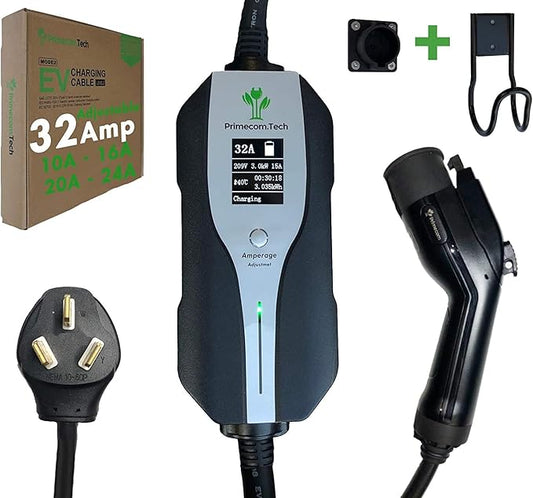 PRIMECOM.TECH Level 2 Electric Vehicle (EV) Charger Amperage Adjustable (10Amp - 16Amp - 20Amp - 24Amp - 32Amp) 30Ft Cable EVSE Plug-in Hybrid (50 FT, 10-50P)