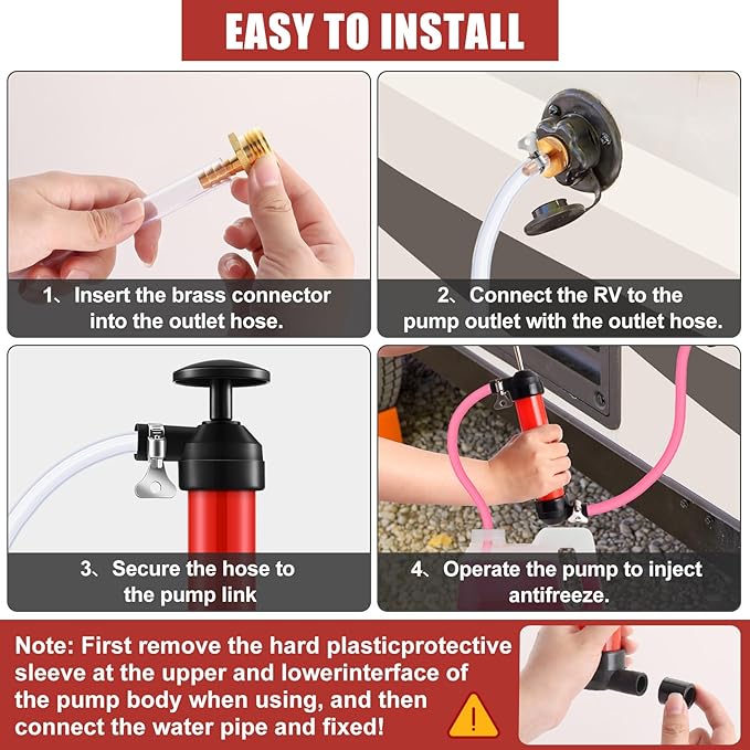 RV Antifreeze Siphon Hand Pump Kit, Liquid Transfer Pump with Two 1 Metre Clear PVC Hoses for Petrol, Oil and Fluids, Fuel Siphon Pumps with 2 Clamps, Camper, Boat Winterization Accessories